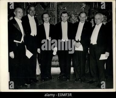 Dec. 12, 1954 - Nobel Awards Presented By King Gustaf In Stockholm: The ceremonial award of this year's Nobel prizes for physics, chemistry, physiology, medicine and literature, was made by King Gustaf at the traditional ceremony held in the concert hall of Stockholm. Photo shows The winners of the Nobel prizes (L to R) Professor Linus Pauling, Mr John Cabot, the American Ambassador, who received the prize on behalf of Ernest Hemingway, who was unable to attend because of illness, Professor Thomas H. Weller, Professor Frederick C. Robbins, Professor John F. Enders and Professor Max Born. Stock Photo