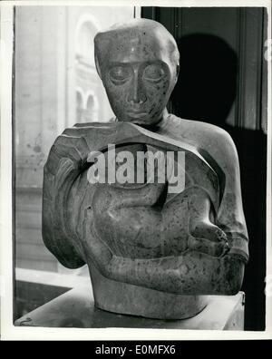 Jan. 01, 1955 - Fine Art Exhibition At Victoria And Albert Museum. ''Mother And Child'': A Press view was held this morning at the Victoria and Albert Museum of the Exhibition of Fine Art. It includes paintings - engravings - sculpture- lithographs - stained glass etc. by students of the Royal College of Art. Photo shows A stone carving in fossil marble entitled ''Mother and Child'' - by John Paddison at the exhibition this morning. Stock Photo