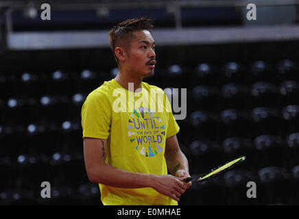 New Delhi, India. 16th May, 2014. Chinese badminton player Lin Dan takes part in a practice session ahead of the Thomas and Uber Cup Finals at the Siri Fort stadium in New Delhi, India, May 16, 2014. © Partha Sarkar/Xinhua/Alamy Live News Stock Photo