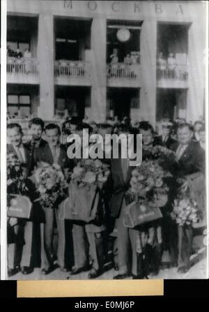 Aug. 19, 1955 - The German national men's team arrived in Wulkowo airport safely and in good spirits after a five and a half hour flight. The representatives of German football were dressed completely in green. The representatives of the Russian side appeared to greet them with each player carrying a giant bouquet of flowers. Most interest however was directed towards captain Fritz Walter and trainer Herberger. Stock Photo