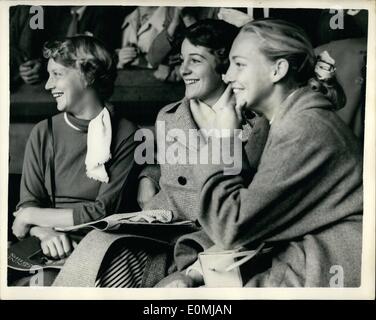 Jun. 06, 1955 - Opening of the Wimbledon Tournament. Mrs. Hoad Watched Her Husband in Action. Keystone Photo Shows: A happy study of Mrs. Lew Hoad as she watched her husband in play in his match with fellow Australian R.N. Howe at opening of the Wimbledon tournament this afternoon... Suite a sensation was created when it was learned that the couple were married secretly on Saturday. Stock Photo