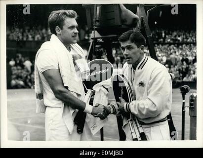 Jun. 06, 1955 - Tennis Tournament at Wimbledon. Rosewall beaten in Semi-final: K.R. Rosewall of Australia, was beaten in the Men's Singles semi-final at Wimbledon today by the unseeded K. Nielsen, of Denmark. Photo shows K. Nielsen (left) and K.R. Rosewall, shaking hands after their match at Wimbledon today, which Nielsen won. Stock Photo