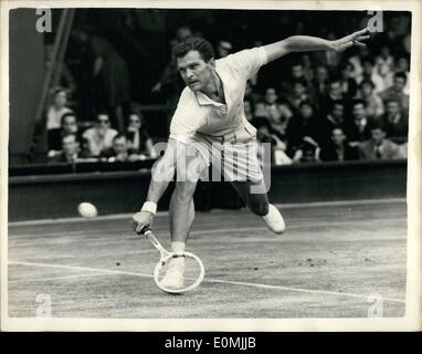 Jun. 06, 1955 - Wimbledon tournament continued. Budge Patty beats Lew Hoad. Photo shows Budge Patty (U.S.A.) in action against L.A. Hoad (Australia), during their match at Wimbledon today. Patty won in three straight sets. Stock Photo