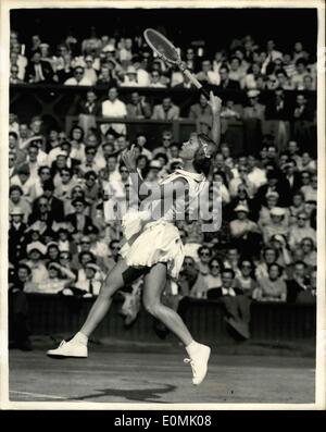 Jun. 30, 1955 - Tennis at Wimbledon Women's Singles Semi-Final: Photo shows Mrs. J. Pieitz (U.S.A), in action against Miss D. Hart (U.S.A), during the Women's Singles Semi- Final match at Wimbledon today. Stock Photo