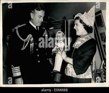 Jul. 07, 1955 - Earl Mountbatten Visits Partners For Freedom Exhibition. Visits the Dutch Stand. Earl Mountbatten this morning paid a visit to the Partner's for Freedom Exhibition, at the Tea Centre, Regent's Street - where he presented the awards to winners of the British Atlantic Committee's NATO Essay Competition. Keystone Photo Shows:- Miss Priscilla Bury shows Lord Mountbatten a model of a Dutch Cheese seller from Alkaar - during a visit to the Dutch stand today. Stock Photo