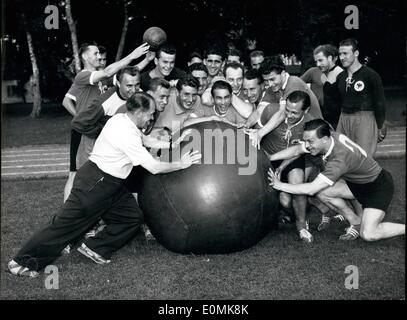 Jul. 07, 1955 - Training For The Play At Moscow: is the German National - Football-Team in the sports school of Grunwald near Munich (Germany). That is our training - ball, they said, smiling so we will become extremely fit for the true football, which is not of such a volume, as we hope. Photo shows Chief trainer Herberger. Stock Photo