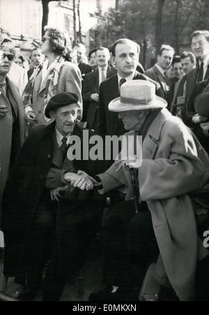 Oct. 10, 1955 - Utrillo Plays Own Role In Sacha Guitry's Film: The Famous Montmartre Painter Maurice Utrillo Shakes Hands With Scha Guitry, Actor And Playwright, In Montmartre Surroundings Where A Sequence Of Guitry's Film On Paris (Si Paris Nous Etait Conte). Utrillo   Impersonates Self In The Film. Stock Photo