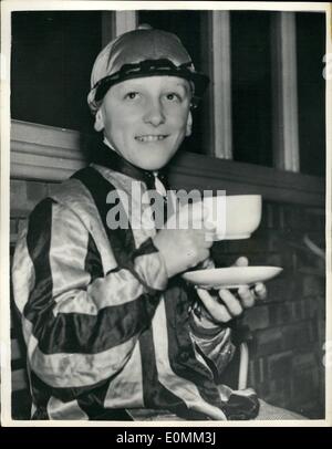 Nov. 11, 1955 - Twelve year old boy wins race at Manchester. New ''youngest winner'' record.: Twelve year old Robin Langley a famer's son - won the edgelay handicap - at 100-7 on ''Arts Degree'' - at the Manchester Races yesterday - thus beating Lester Piggott's ''youngest winner'' record by five months. Photo shows Robin Langley - has a cup of tea after his great victory at Manchester. Stock Photo