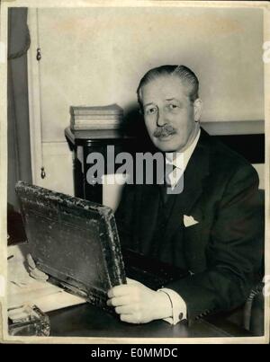 Dec. 12, 1955 - New Chancellor Of The Exchequer Mr. Harold Macmillan: Photo Shows The new chancellor of the Exchequer, Mr.Harold Macmillan formerly Foreign Secretary - photographed today at his desk at the treasury - with the famous Budget Box. Stock Photo
