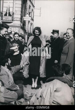 Mar. 03, 1956 - Twinning Of Sorrento And Saint - Germain En Laye: Sophia Loren Cheerd By Young Admirers: The ceremony of ''Twinning'' of Saint-Germain En Laye today. Lovely Italian actress, Now in Paris for the premiere of her new film, was present. Photo shows Sophia being cheered by young admirers as she arrives at Saint-Germain En Laye. Stock Photo