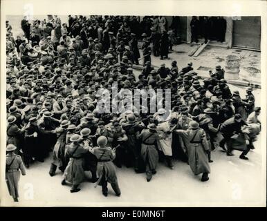 Mar. 03, 1956 - Anti - British demonstrations in streets of Salonica students try to storm the Embassy.: Students demonstrated in the streets in Athens and Salonica- after the deportation of Archbishop Makarios from Cyprus - to the Seychelles Islands. The Greek troops and gendermes had to struggle with the rioters- who tried to storm the British Embassy in Salonica. Photo shows General view as troops and police straggled with the rioting students who tried to storm the British Embassy in Salonika. Stock Photo