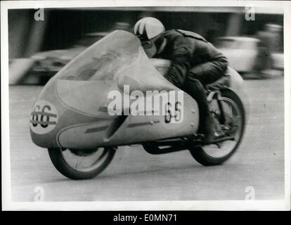 Mar. 03, 1956 - International Racing Motor Cyclists train for Shell Gold Trophy race: Many international racing motor-cyclist are training at Monza, Italy, in readiness for the Shell Gold Trophy race. which is being held next Sunday at Imola. Photo shows the British motor-cyclist Sandford, seen at speed on a 350 ccm, 3-cylinder German D.K.W. machine - whilst training at Monza for the Shell Gold Trophy Race at Imola on Sunday. Stock Photo