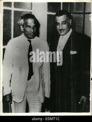 Aug. 08, 1956 - President Nasser Meets Krishna Menon; President Nasser of Egypt, today had a meeting in Cairo with Mr. Krishna Menon, who is on his way home after leading the Indian delegation at the Suez Canal Conference in London. Photo Shows President Nasser (right) seen with Krishna Menon, when they met in Cairo today. Stock Photo