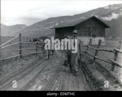 Aug. 24, 1956 - Flooding in Zillertal. The heavy rainfall of the last few days in the Ziller and Gerlos areas in Austria results in rising floodwaters. Dams broke and yellow masses of water flooded the area between Uderns and Zell. Eight people drowned in the floods and hundreds more were cut off from the outside world. Stock Photo