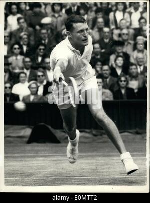 Jul. 05, 1956 - 5-7-56 Tennis Championships at Wimbledon. Hoad beats Richardson in semi-final Ã¢â‚¬â€œ L.A. Hoad Australia toda Stock Photo