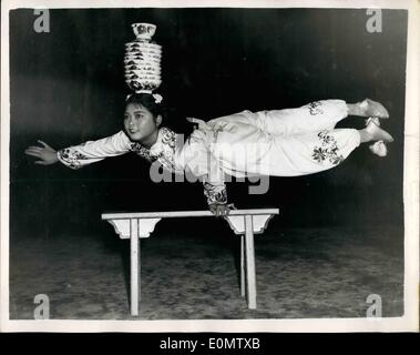 Sep. 09, 1956 - Variety Of China Rehearsals: Artists of the Variety Theatre of China, which begins its three- week season at the Princess Theatre , London, this evening, were going through their rehearsals at the theatre today. Picture Shows: 18-year-old Hsia Chu Hua rehearses her China- bowl balancing act. Stock Photo