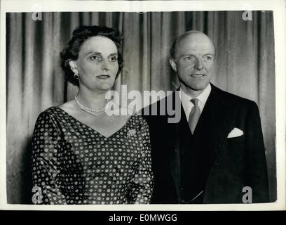 Jul. 07, 1956 - BRITISH OFFICIAL PHOTOGRAPH. CROWN COPYRIGHT RESERVED. ISSUED BY CENTRAL OFFICE OF INFORMATION. PHOTO SHOWS: SIR HAROLD CACCIA, Britain's newly appointed Ambassador in Washington, seen at his London home with his wife yesterday. Stock Photo