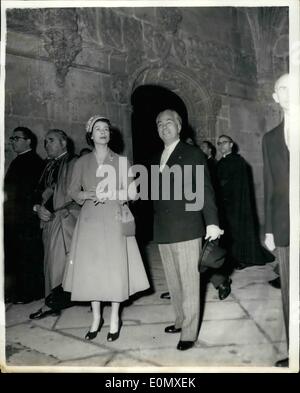 Feb. 02, 1957 - State visit to Portugal queen visits a Monastery. Photo shows H.M. The queen seen being shown round , during her visit on Tuesday to the Jeronimos Monastery near Lisbon. Stock Photo