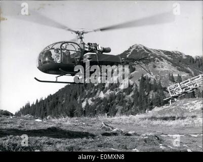 Oct. 29, 1956 - In the Wallberg region near Tegernsee a French gas-turbine helicopter named ''Alouette II'' performed with the German mountain rescue service. ''Alouette II,'' in contrast to motor driven helicopters, is vibration-free. It also consumes less fuel that it's motor-driven cousins. 2 wounded people can be fixed to the side. 3 people can ride in the helicopter itself, and the pilot and a doctor can sit in the cockpit. Pictured: The Alouette II during a rescue action. The cockpit has a doctor and pilot and three other people can stay in the emergency area of the helicopter. Stock Photo