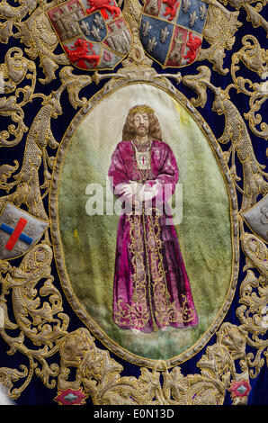 Madrid, Spain. 15th May, 2014. Fiesta de San Isidro, Madrid Credit:  Jennifer Booher/Alamy Live News. Banner carried in the saint's procession. Stock Photo