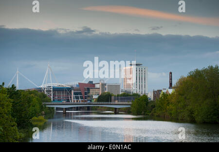 General view of Cardiff City centre at sunset showing the Millennium Stadium and River Taff following a day of fine weather. Stock Photo