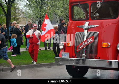 A vintage red Labatt beer lorry carrying the Memorial Cup trophy on the first day of the Memorial Cup tournament in London, Ont. Stock Photo