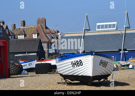 Boats on the beach at Aldeburgh in Suffolk are antique fishing vessels of the kind that inspired Benjamin Britten's opera Peter Grimes. Stock Photo