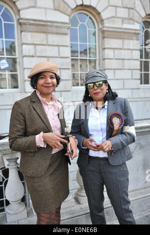 Somerset House, London, UK. 17th May 2014. Two ladies in full Tweed outfits at the Tweed Run bicycle ride in London. Credit:  Matthew Chattle/Alamy Live News Stock Photo