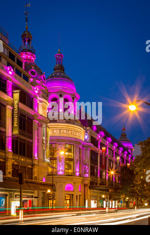 Twilight at Printemps Department Store on Boulevard Haussman, Paris France Stock Photo