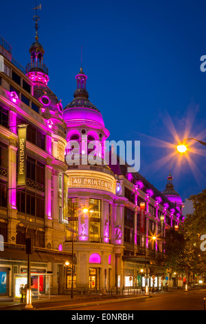 Twilight at Printemps Department Store on Boulevard Haussman, Paris France Stock Photo