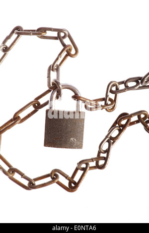 Color detail of some rusty chains and a lock, on white Stock Photo