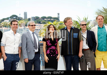 Tomm Moore, Gaetan Brizzi, Salma Hayek, Roger Allers, Paul Brizzi and Bill Plympton during the 'Hommage Au Cinema D'Animation' photocall at the 67th Cannes Film Festival on May 17, 2014 Stock Photo