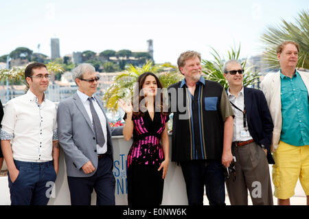 Tomm Moore, Gaetan Brizzi, Salma Hayek, Roger Allers, Paul Brizzi and Bill Plympton during the 'Hommage Au Cinema D'Animation' photocall at the 67th Cannes Film Festival on May 17, 2014 Stock Photo