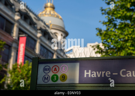 Havre-Caumartin Metro Stop below Printemps Department Store along Boulevard Haussman, Paris France Stock Photo