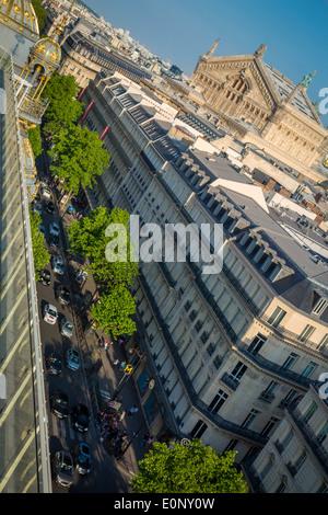 View of Boulevard Haussman and Palais Garnier (Opera House) from the top of Printemps Department Store, Paris France Stock Photo