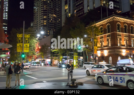 Sydney Australia,George Street,Town Hall,street musician,taxi,cab,traffic,AU140310253 Stock Photo