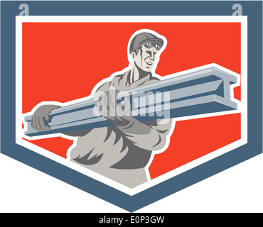 Illustration of construction steel worker carrying i-beam girder viewed ...