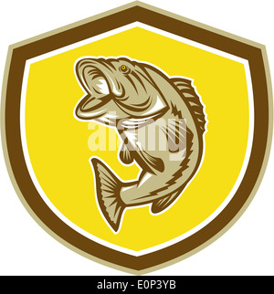 Illustration of a largemouth bass fish jumping inside a shield crest done in retro style. Stock Photo