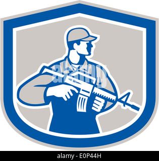 Illustration of an American soldier serviceman with assault rifle facing side set inside crest on isolated white background. Stock Photo