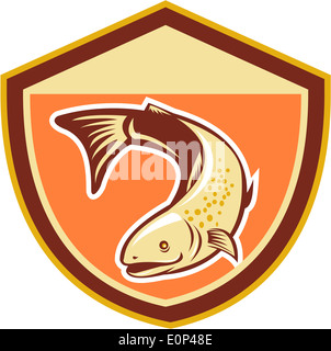 Illustration of a trout fish swimming down set inside shield done in retro style Stock Photo