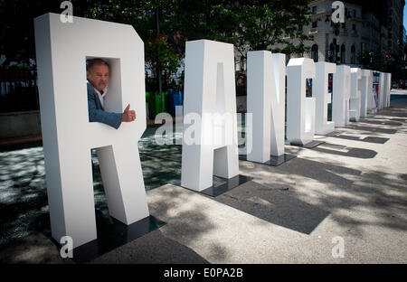 Manhattan, New York, USA. 17th May, 2014. New York Rangers alumni ROD GILBERT stands in the ''R'' as the New Rangers unveil a 55-foot ''RANGERSTOWN'' sign in Herald Square, Saturday, May, 17, 2014. Credit:  Bryan Smith/ZUMAPRESS.com/Alamy Live News Stock Photo