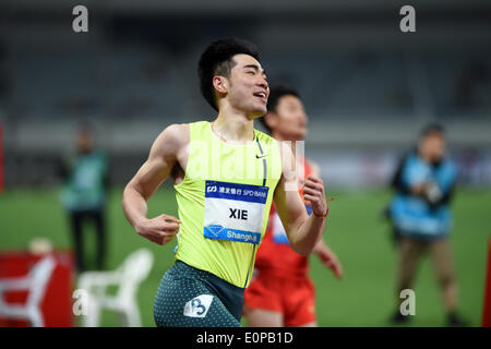 Shanghai, China. 18th May, 2014. China's Xie Wenjun corsses the finish line during the men's 110m hurdles race at the IAAF Diamond League Athletics in Shanghai, east China, May 18, 2014. © Li Jundong/Xinhua/Alamy Live News Stock Photo