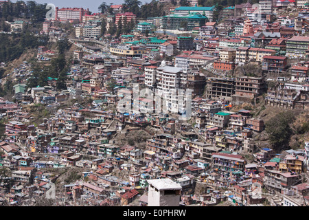 One of the densely populated hillsides of Shimla, a town in the foothills of the Himalayas in Northern India Stock Photo