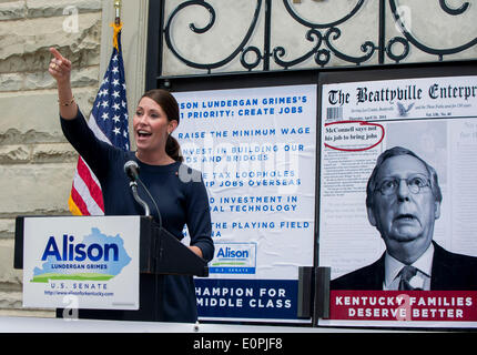 May 18, 2014 - Georgetown, Kentucky, U.S. -  Kentucky Secretary of State, ALISON LUNDERGAN GRIMES, delivers a campaign speech in Georgetown's courthouse square.  Mrs. Grimes is the favorite to win the Democratic Senate primary on Tuesday, and to take on Senator Mitch McConnell in the November election.(Credit Image: © Brian Cahn/ZUMAPRESS.com) Stock Photo