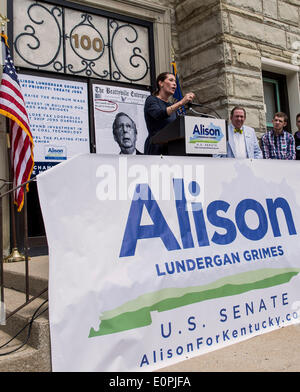 May 18, 2014 - Georgetown, Kentucky, U.S. -  Kentucky Secretary of State, ALISON LUNDERGAN GRIMES, delivers a campaign speech in Georgetown's courthouse square.  Mrs. Grimes is the favorite to win the Democratic Senate primary on Tuesday, and to take on Senator Mitch McConnell in the November election.(Credit Image: © Brian Cahn/ZUMAPRESS.com) Stock Photo