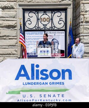 May 18, 2014 - Georgetown, Kentucky, U.S. -  Kentucky Secretary of State, ALISON LUNDERGAN GRIMES, delivers a campaign speech in Georgetown's courthouse square.  Mrs. Grimes is the favorite to win the Democratic Senate primary on Tuesday, and to take on Senator Mitch McConnell in the November election.(Credit Image: © Brian Cahn/ZUMAPRESS.com) Stock Photo