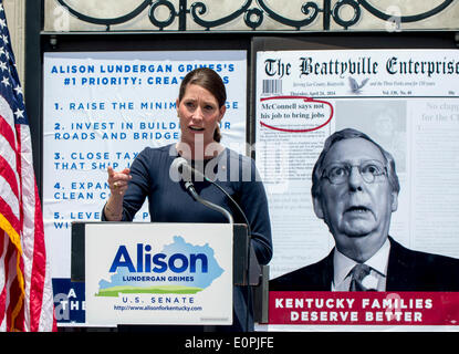 May 18, 2014 - Georgetown, Kentucky, U.S. -  Kentucky Secretary of State, ALISON LUNDERGAN GRIMES, delivers a campaign speech in Georgetown's courthouse square.  Mrs. Grimes is the favorite to win the Democratic Senate primary on Tuesday, and to take on Senator Mitch McConnell in the November election.(Credit Image: © Brian Cahn/ZUMAPRESS.com) Stock Photo