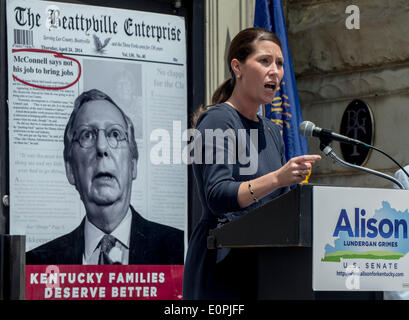 May 18, 2014 - Georgetown, Kentucky, U.S. -  Kentucky Secretary of State, ALISON LUNDERGAN GRIMES, delivers a campaign speech in Georgetown's courthouse square.  Mrs. Grimes is the favorite to win the Democratic Senate primary on Tuesday, and to take on Senator Mitch McConnell in the November election.(Credit Image: © Brian Cahn/ZUMAPRESS.com) Stock Photo