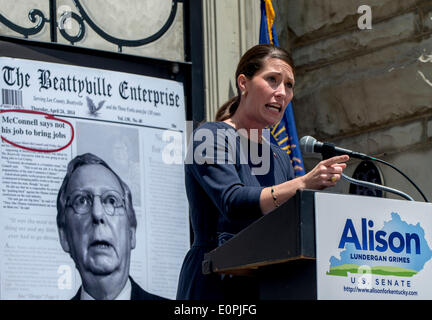 May 18, 2014 - Georgetown, Kentucky, U.S. -  Kentucky Secretary of State, ALISON LUNDERGAN GRIMES, delivers a campaign speech in Georgetown's courthouse square.  Mrs. Grimes is the favorite to win the Democratic Senate primary on Tuesday, and to take on Senator Mitch McConnell in the November election.(Credit Image: © Brian Cahn/ZUMAPRESS.com) Stock Photo