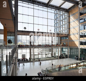 Brent Civic Centre, Wembley, United Kingdom. Architect: Hopkins Architects Partnership LLP, 2014. Angled wide view of atrium. Stock Photo